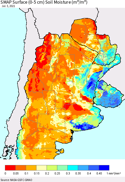 Southern South America SMAP Surface (0-5 cm) Soil Moisture (m³/m³) Thematic Map For 7/1/2021 - 7/5/2021