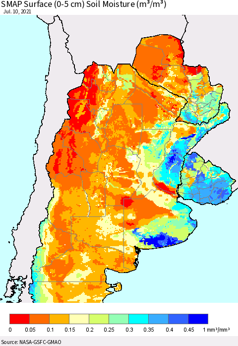 Southern South America SMAP Surface (0-5 cm) Soil Moisture (m³/m³) Thematic Map For 7/6/2021 - 7/10/2021