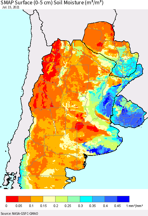 Southern South America SMAP Surface (0-5 cm) Soil Moisture (m³/m³) Thematic Map For 7/11/2021 - 7/15/2021