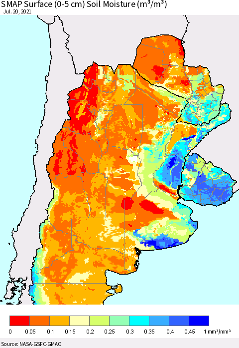 Southern South America SMAP Surface (0-5 cm) Soil Moisture (m³/m³) Thematic Map For 7/16/2021 - 7/20/2021