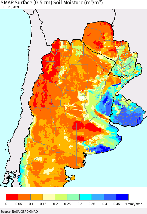 Southern South America SMAP Surface (0-5 cm) Soil Moisture (m³/m³) Thematic Map For 7/21/2021 - 7/25/2021