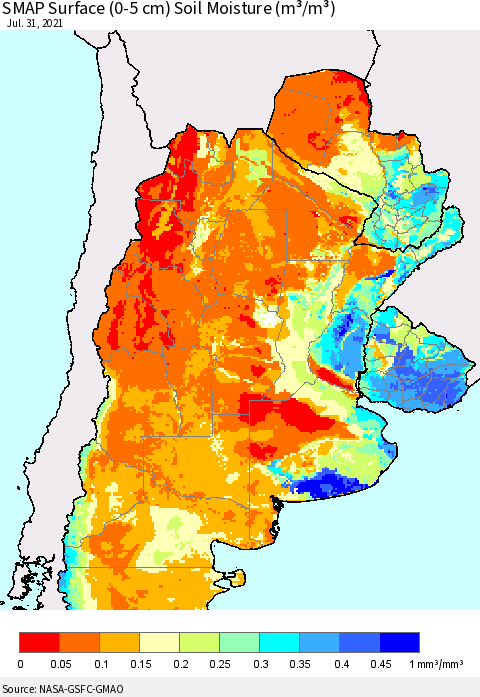 Southern South America SMAP Surface (0-5 cm) Soil Moisture (m³/m³) Thematic Map For 7/26/2021 - 7/31/2021