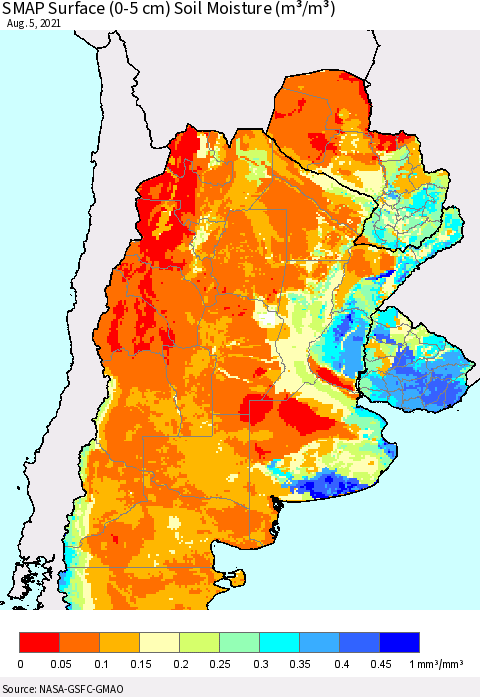 Southern South America SMAP Surface (0-5 cm) Soil Moisture (m³/m³) Thematic Map For 8/1/2021 - 8/5/2021