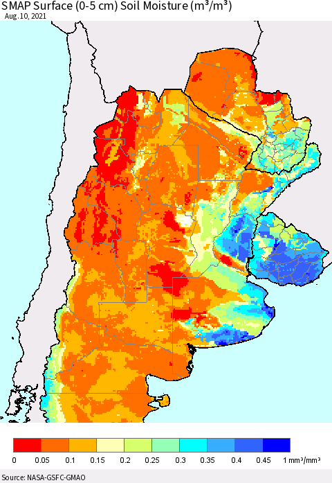 Southern South America SMAP Surface (0-5 cm) Soil Moisture (m³/m³) Thematic Map For 8/6/2021 - 8/10/2021