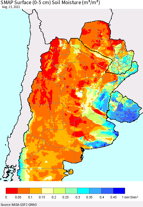 Southern South America SMAP Surface (0-5 cm) Soil Moisture (m³/m³) Thematic Map For 8/11/2021 - 8/15/2021