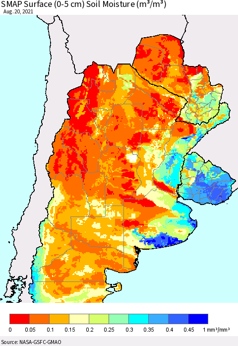 Southern South America SMAP Surface (0-5 cm) Soil Moisture (m³/m³) Thematic Map For 8/16/2021 - 8/20/2021