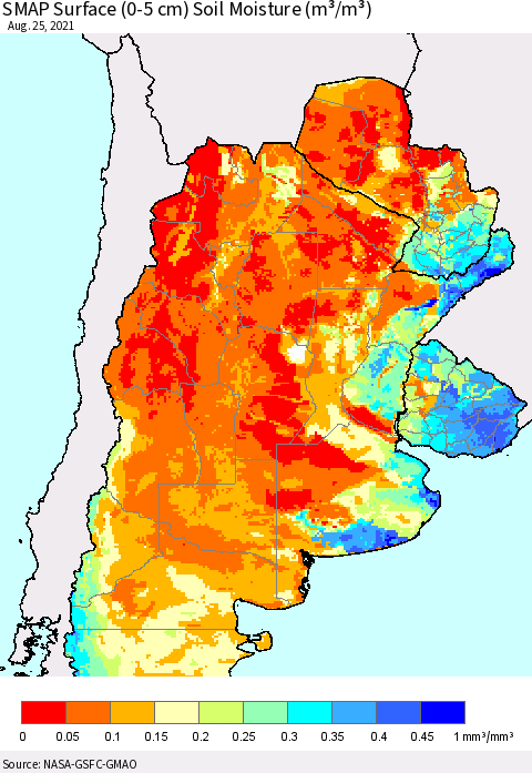 Southern South America SMAP Surface (0-5 cm) Soil Moisture (m³/m³) Thematic Map For 8/21/2021 - 8/25/2021
