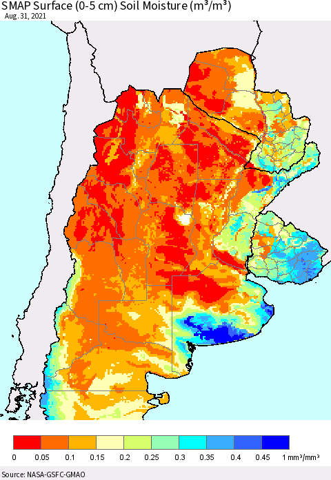 Southern South America SMAP Surface (0-5 cm) Soil Moisture (m³/m³) Thematic Map For 8/26/2021 - 8/31/2021