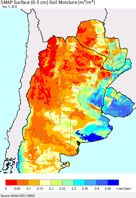 Southern South America SMAP Surface (0-5 cm) Soil Moisture (m³/m³) Thematic Map For 9/1/2021 - 9/5/2021