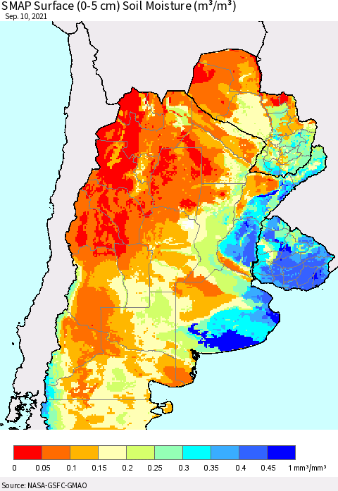 Southern South America SMAP Surface (0-5 cm) Soil Moisture (m³/m³) Thematic Map For 9/6/2021 - 9/10/2021