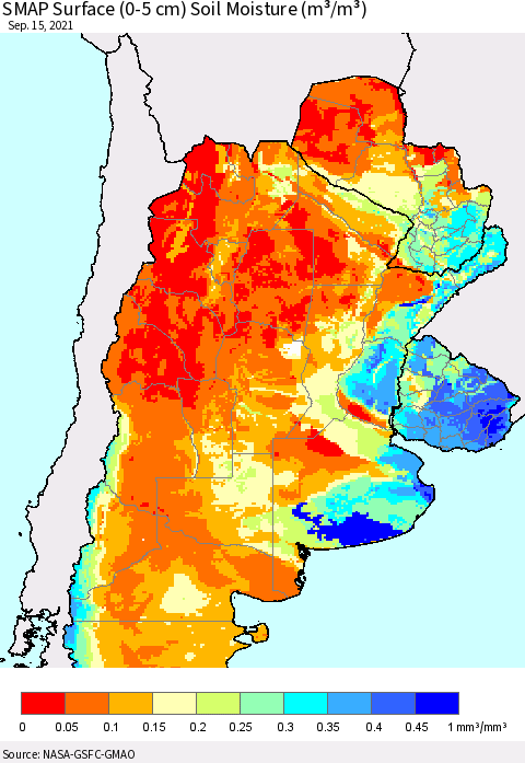 Southern South America SMAP Surface (0-5 cm) Soil Moisture (m³/m³) Thematic Map For 9/11/2021 - 9/15/2021