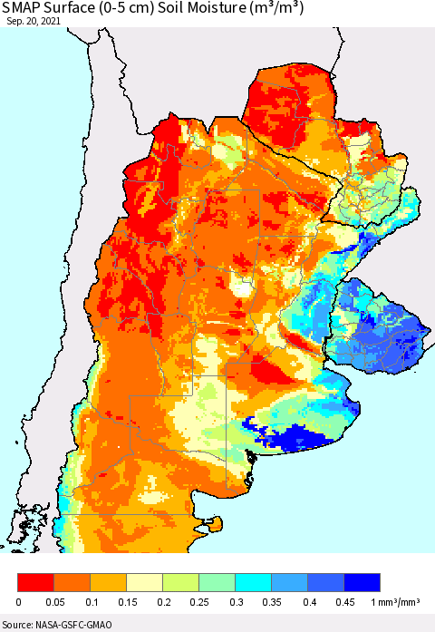 Southern South America SMAP Surface (0-5 cm) Soil Moisture (m³/m³) Thematic Map For 9/16/2021 - 9/20/2021