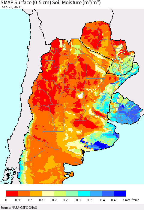 Southern South America SMAP Surface (0-5 cm) Soil Moisture (m³/m³) Thematic Map For 9/21/2021 - 9/25/2021