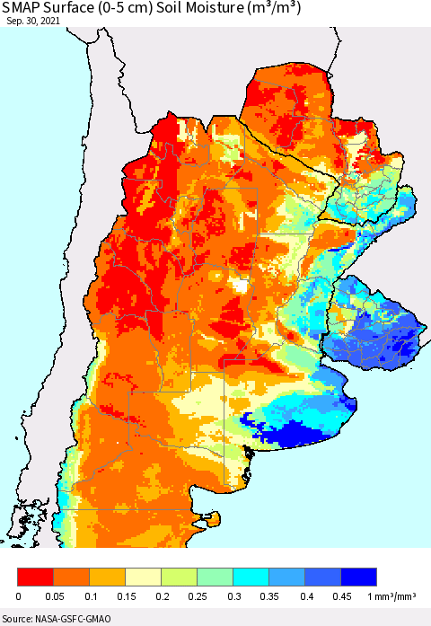 Southern South America SMAP Surface (0-5 cm) Soil Moisture (m³/m³) Thematic Map For 9/26/2021 - 9/30/2021