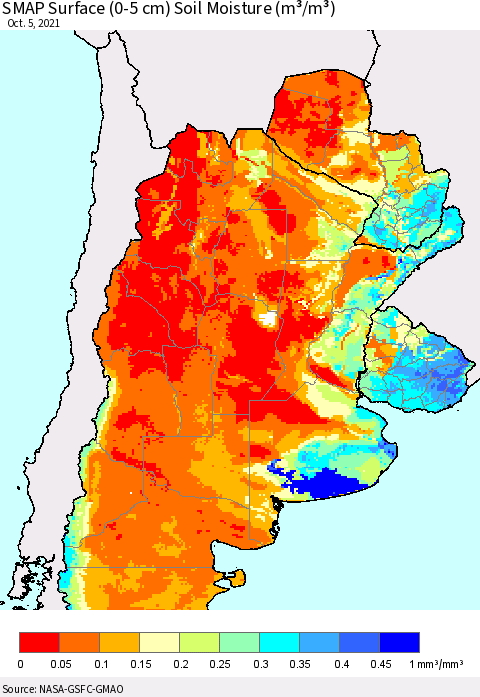 Southern South America SMAP Surface (0-5 cm) Soil Moisture (m³/m³) Thematic Map For 10/1/2021 - 10/5/2021
