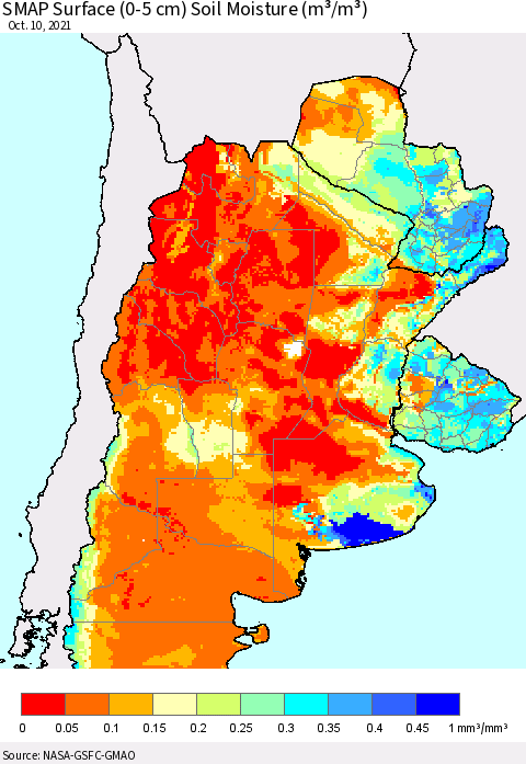 Southern South America SMAP Surface (0-5 cm) Soil Moisture (m³/m³) Thematic Map For 10/6/2021 - 10/10/2021