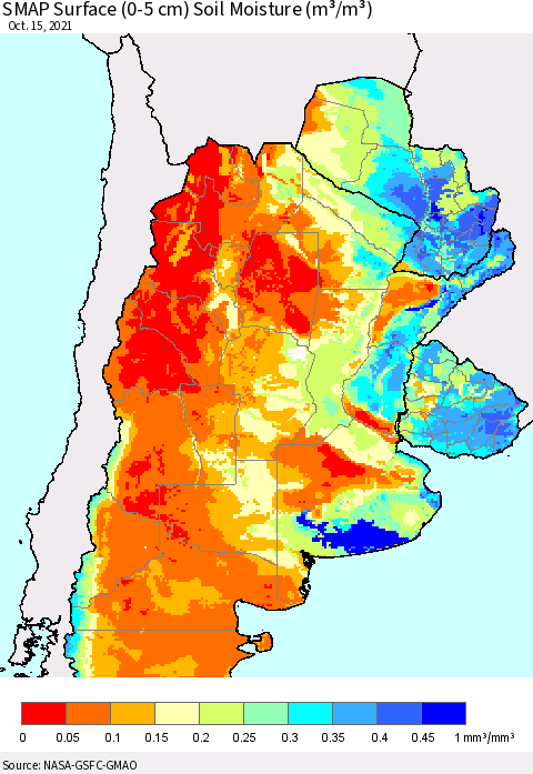 Southern South America SMAP Surface (0-5 cm) Soil Moisture (m³/m³) Thematic Map For 10/11/2021 - 10/15/2021