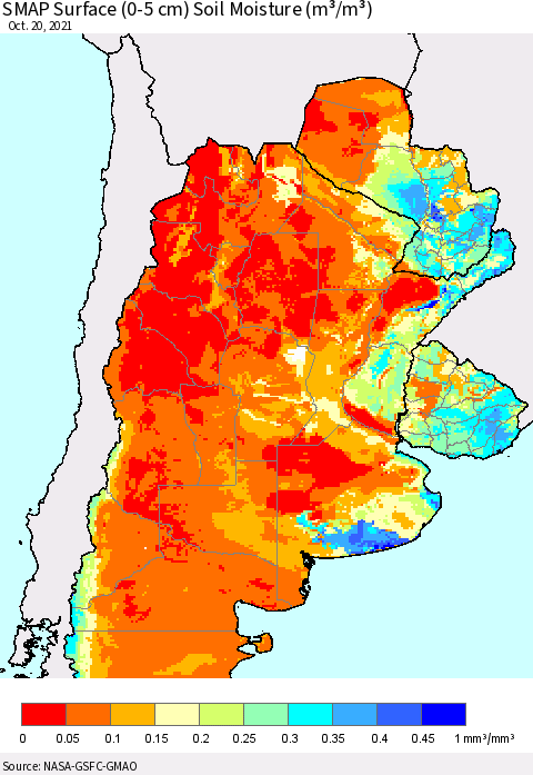 Southern South America SMAP Surface (0-5 cm) Soil Moisture (m³/m³) Thematic Map For 10/16/2021 - 10/20/2021