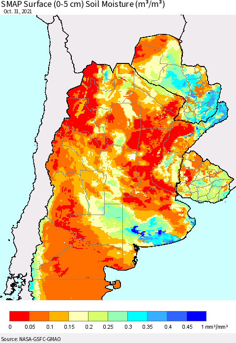 Southern South America SMAP Surface (0-5 cm) Soil Moisture (m³/m³) Thematic Map For 10/26/2021 - 10/31/2021