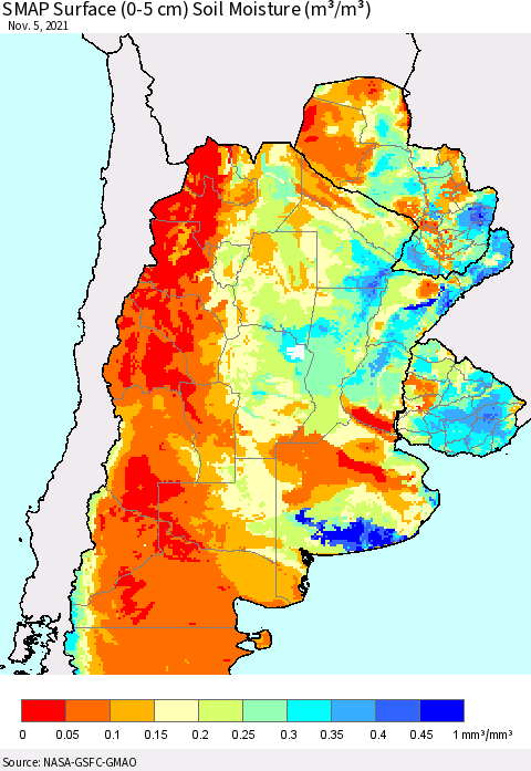 Southern South America SMAP Surface (0-5 cm) Soil Moisture (m³/m³) Thematic Map For 11/1/2021 - 11/5/2021