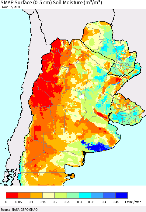 Southern South America SMAP Surface (0-5 cm) Soil Moisture (m³/m³) Thematic Map For 11/11/2021 - 11/15/2021