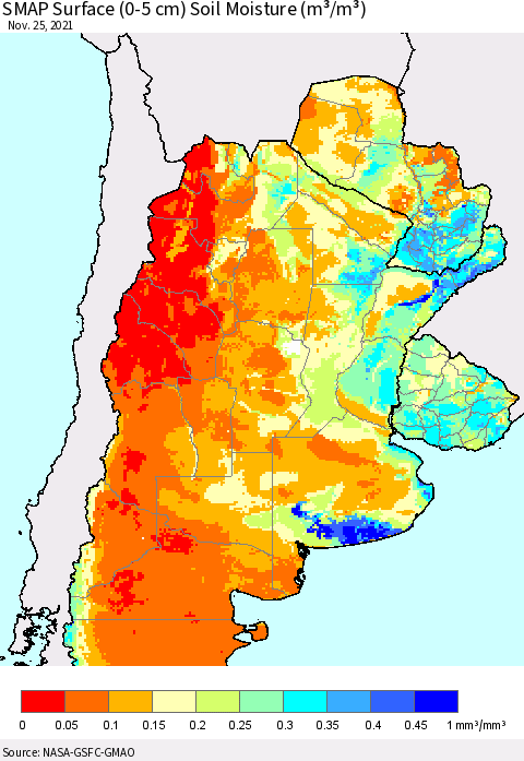 Southern South America SMAP Surface (0-5 cm) Soil Moisture (m³/m³) Thematic Map For 11/21/2021 - 11/25/2021