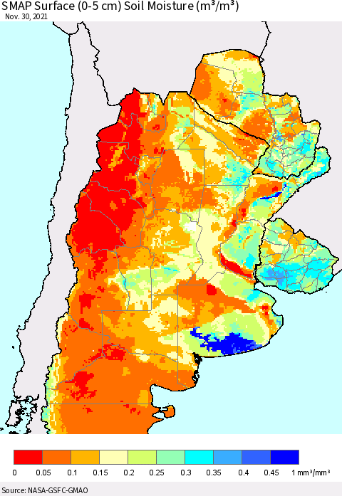 Southern South America SMAP Surface (0-5 cm) Soil Moisture (m³/m³) Thematic Map For 11/26/2021 - 11/30/2021