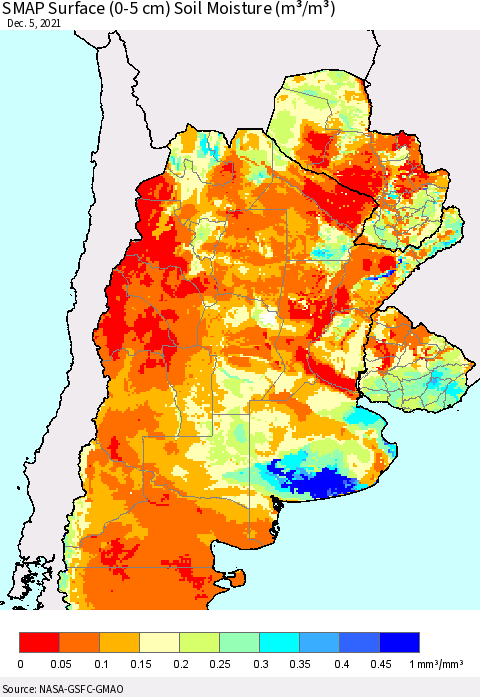 Southern South America SMAP Surface (0-5 cm) Soil Moisture (m³/m³) Thematic Map For 12/1/2021 - 12/5/2021