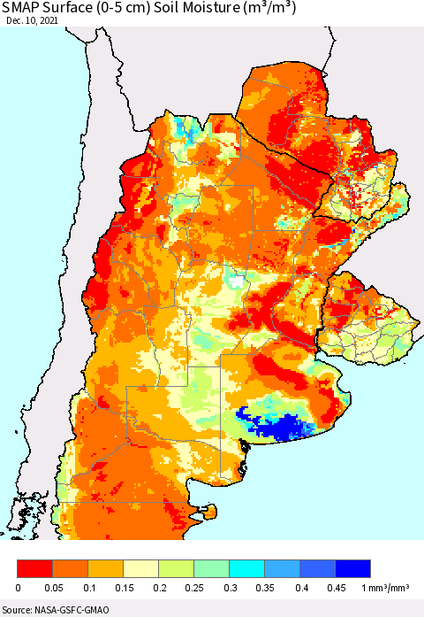 Southern South America SMAP Surface (0-5 cm) Soil Moisture (m³/m³) Thematic Map For 12/6/2021 - 12/10/2021