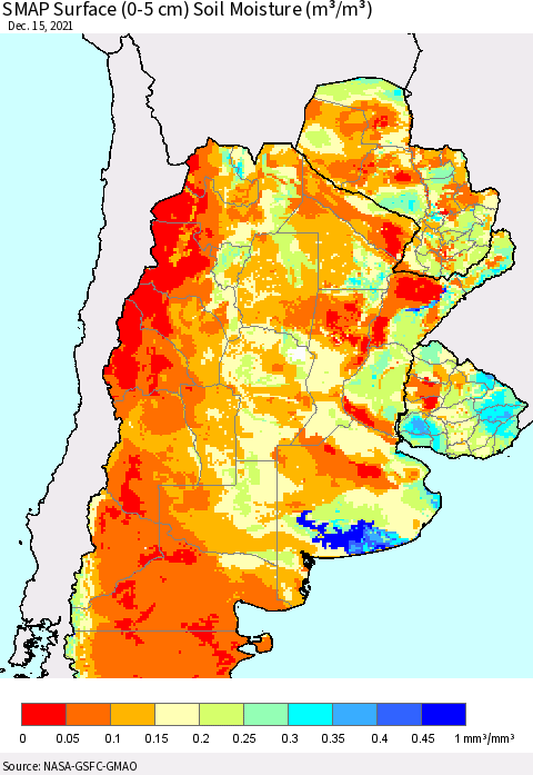 Southern South America SMAP Surface (0-5 cm) Soil Moisture (m³/m³) Thematic Map For 12/11/2021 - 12/15/2021