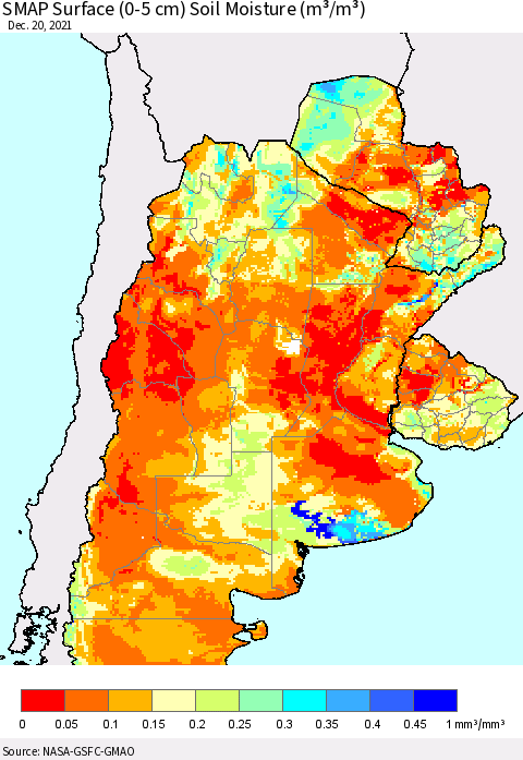 Southern South America SMAP Surface (0-5 cm) Soil Moisture (m³/m³) Thematic Map For 12/16/2021 - 12/20/2021