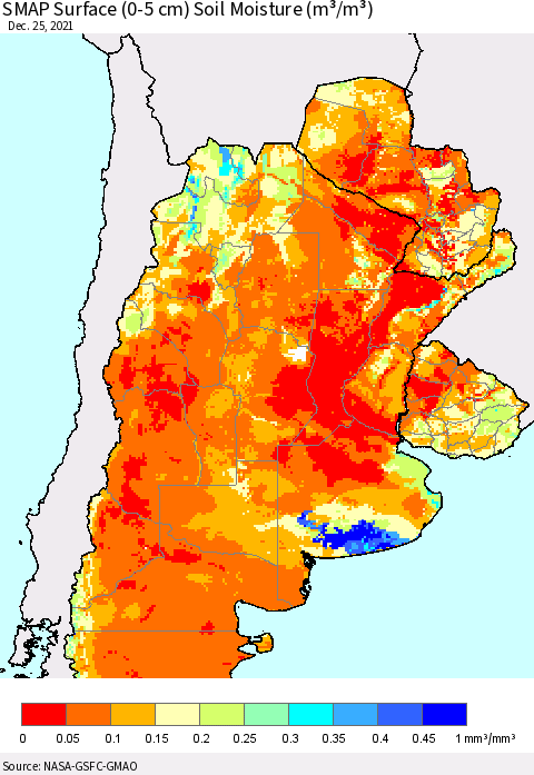 Southern South America SMAP Surface (0-5 cm) Soil Moisture (m³/m³) Thematic Map For 12/21/2021 - 12/25/2021