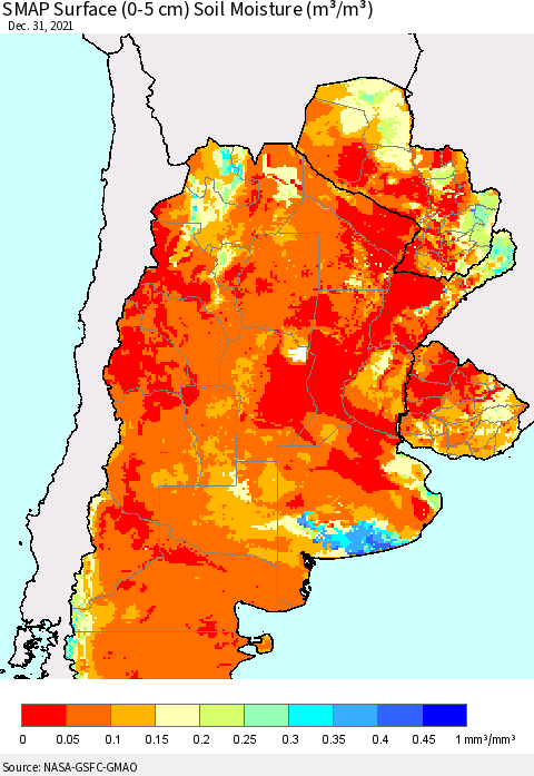 Southern South America SMAP Surface (0-5 cm) Soil Moisture (m³/m³) Thematic Map For 12/26/2021 - 12/31/2021