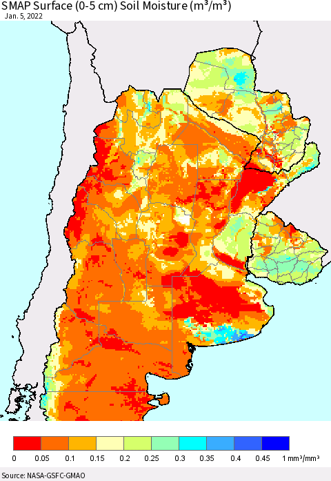 Southern South America SMAP Surface (0-5 cm) Soil Moisture (m³/m³) Thematic Map For 1/1/2022 - 1/5/2022