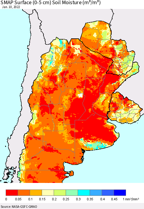 Southern South America SMAP Surface (0-5 cm) Soil Moisture (m³/m³) Thematic Map For 1/6/2022 - 1/10/2022