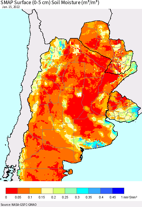 Southern South America SMAP Surface (0-5 cm) Soil Moisture (m³/m³) Thematic Map For 1/11/2022 - 1/15/2022