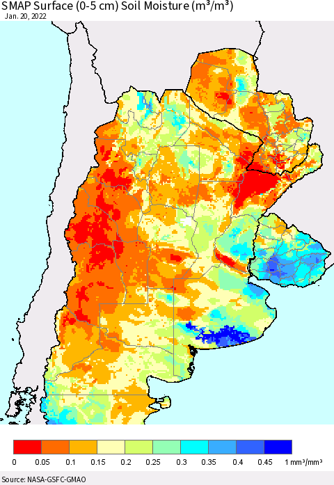 Southern South America SMAP Surface (0-5 cm) Soil Moisture (m³/m³) Thematic Map For 1/16/2022 - 1/20/2022