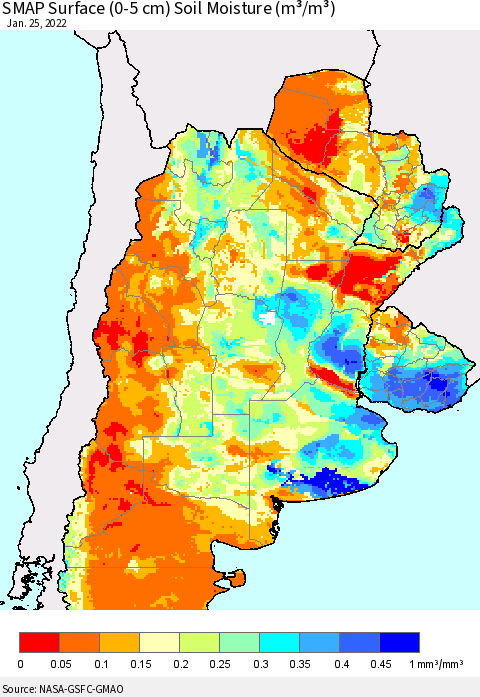 Southern South America SMAP Surface (0-5 cm) Soil Moisture (m³/m³) Thematic Map For 1/21/2022 - 1/25/2022