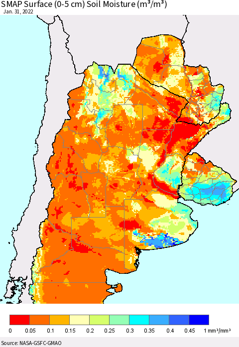 Southern South America SMAP Surface (0-5 cm) Soil Moisture (m³/m³) Thematic Map For 1/26/2022 - 1/31/2022