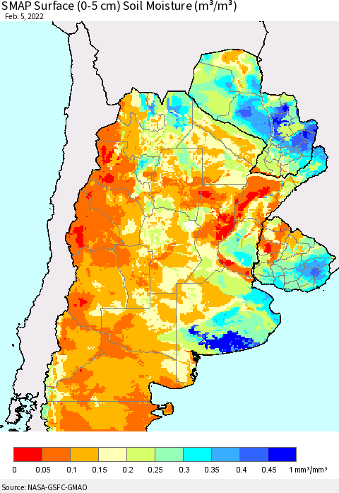 Southern South America SMAP Surface (0-5 cm) Soil Moisture (m³/m³) Thematic Map For 2/1/2022 - 2/5/2022