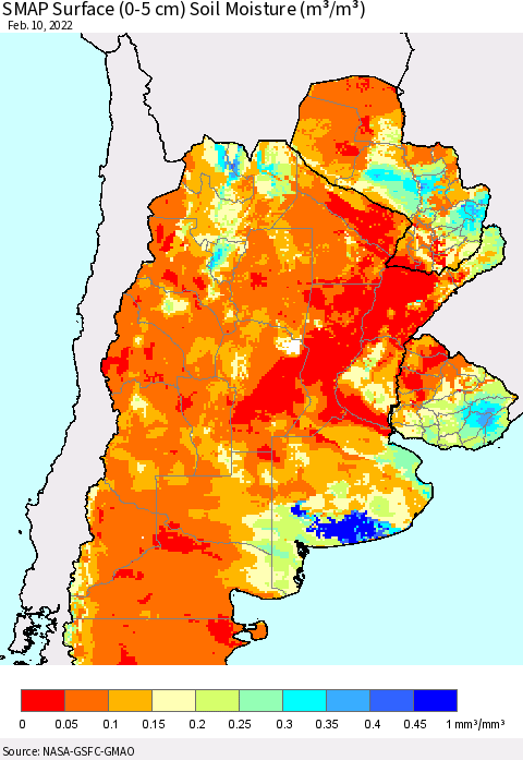 Southern South America SMAP Surface (0-5 cm) Soil Moisture (m³/m³) Thematic Map For 2/6/2022 - 2/10/2022
