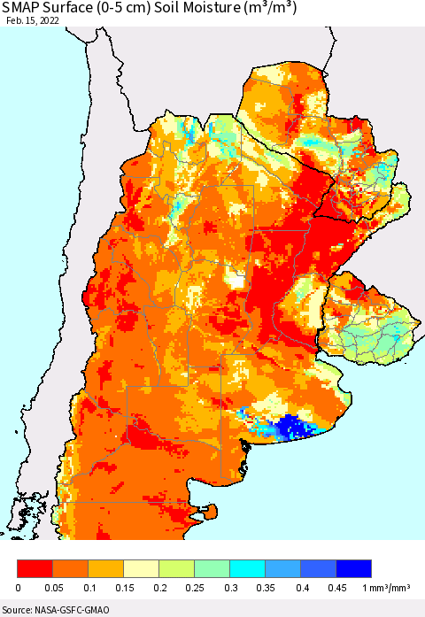 Southern South America SMAP Surface (0-5 cm) Soil Moisture (m³/m³) Thematic Map For 2/11/2022 - 2/15/2022