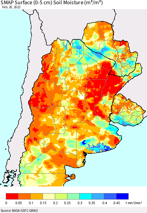 Southern South America SMAP Surface (0-5 cm) Soil Moisture (m³/m³) Thematic Map For 2/16/2022 - 2/20/2022