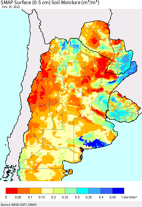 Southern South America SMAP Surface (0-5 cm) Soil Moisture (m³/m³) Thematic Map For 2/21/2022 - 2/25/2022