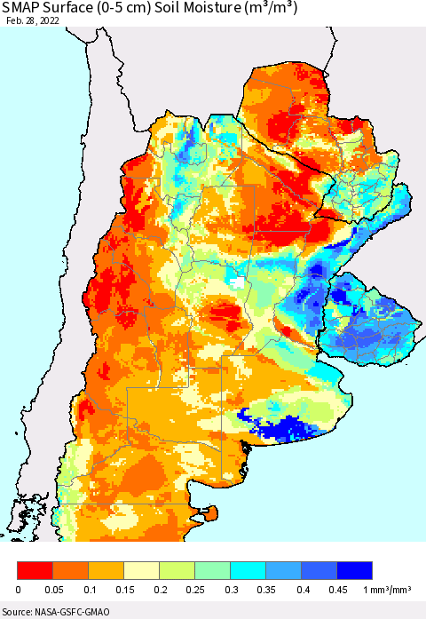 Southern South America SMAP Surface (0-5 cm) Soil Moisture (m³/m³) Thematic Map For 2/26/2022 - 2/28/2022