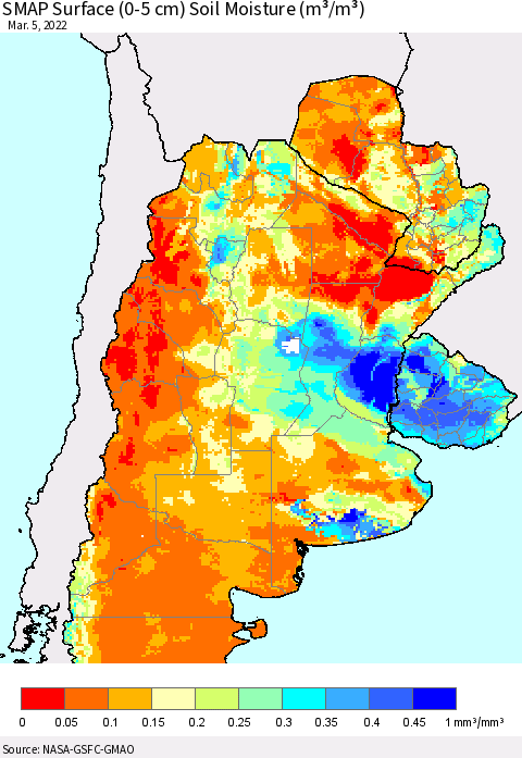 Southern South America SMAP Surface (0-5 cm) Soil Moisture (m³/m³) Thematic Map For 3/1/2022 - 3/5/2022