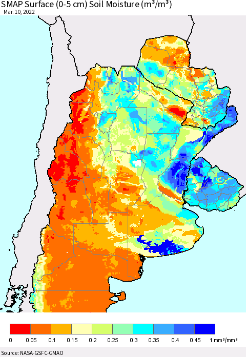 Southern South America SMAP Surface (0-5 cm) Soil Moisture (m³/m³) Thematic Map For 3/6/2022 - 3/10/2022