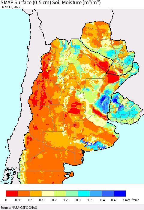 Southern South America SMAP Surface (0-5 cm) Soil Moisture (m³/m³) Thematic Map For 3/11/2022 - 3/15/2022