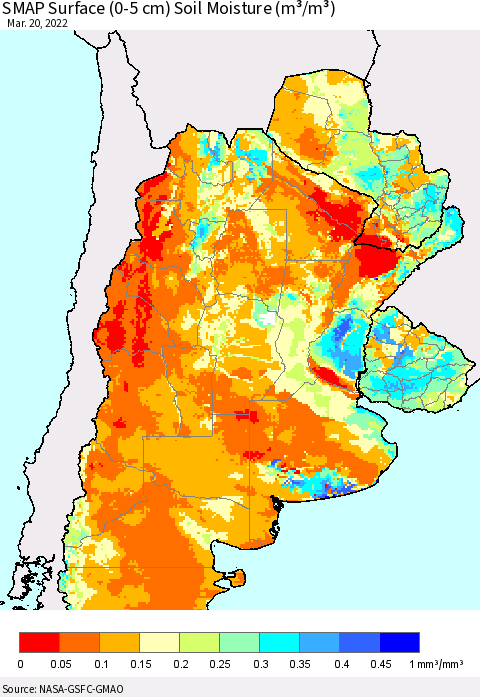 Southern South America SMAP Surface (0-5 cm) Soil Moisture (m³/m³) Thematic Map For 3/16/2022 - 3/20/2022