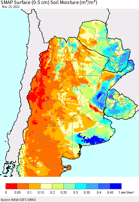 Southern South America SMAP Surface (0-5 cm) Soil Moisture (m³/m³) Thematic Map For 3/21/2022 - 3/25/2022